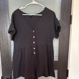 Black Button-Down V-Neck Romper